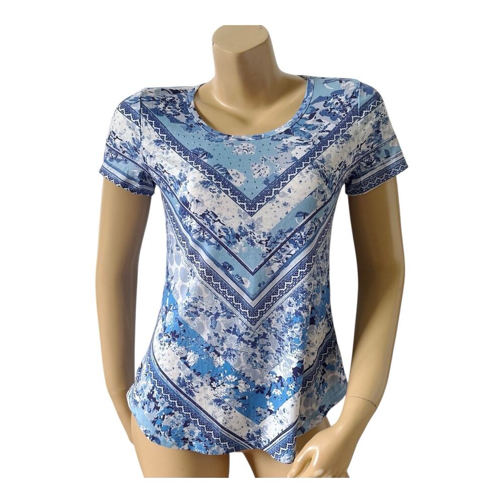 One World Top Womens Petite PS Blue Floral Chevron Studded Embellished Boho Tee